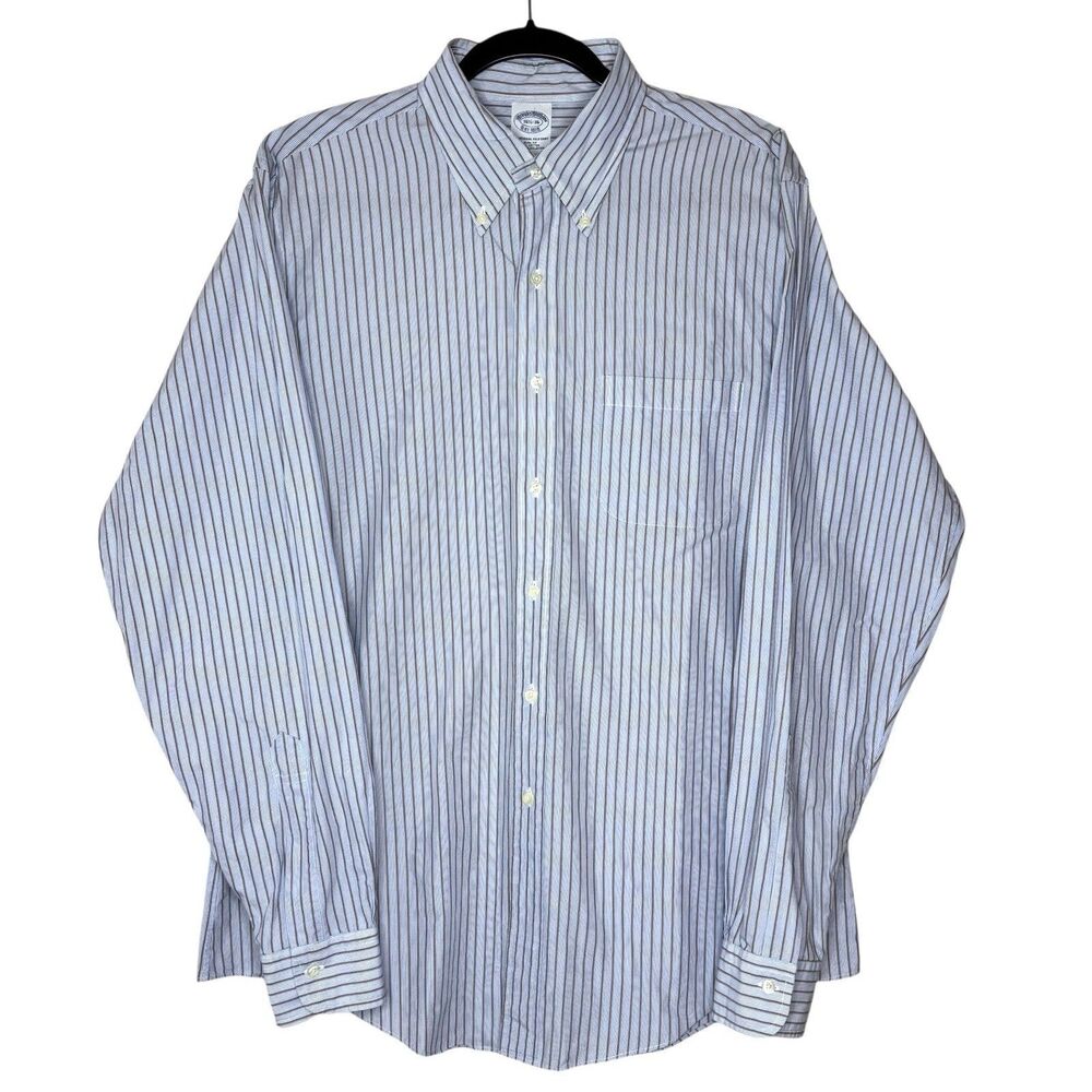 BROOKS BROTHERS Mens‎ 16-1/2/36 Slim Fit Blue & Brown Stripe Button-Down Shirt